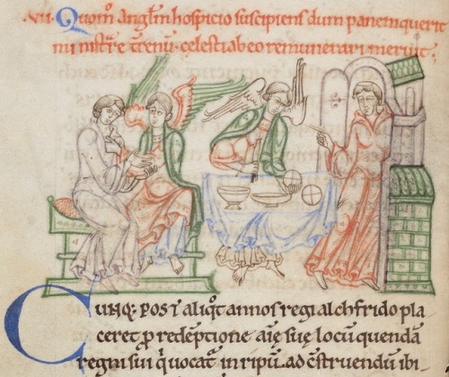 How he entertained an angel, and whilst ministering to him earthly bread, was thought worthy to be rewarded with bread from heaven © The Master and Fellows of University College, Oxford